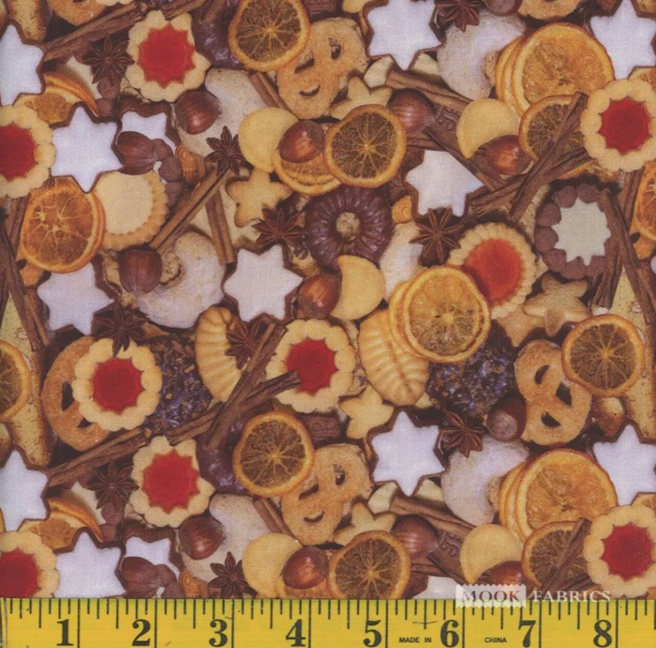 Mook Fabrics Christmas Cookies Nuts and Fruits 100% Cotton Fabric By the yard